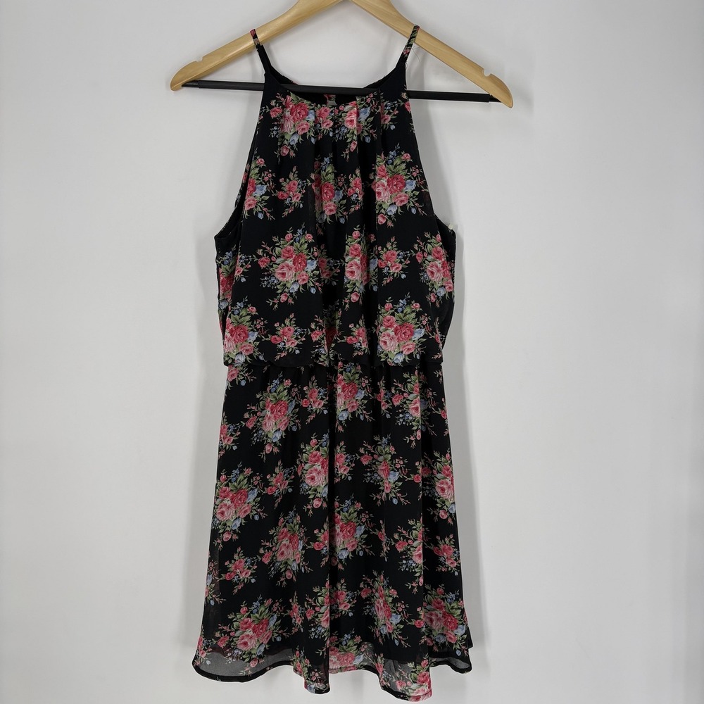 DNA Couture Dress Womens Small Black Floral Halter Blouson Chiffon Sundress Mini
